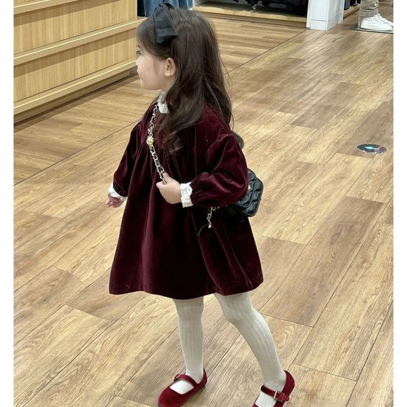 

A.2025Новое модное бархатное кружевное милое матовое винно-красное платье принцессы для девочек на осень и зиму