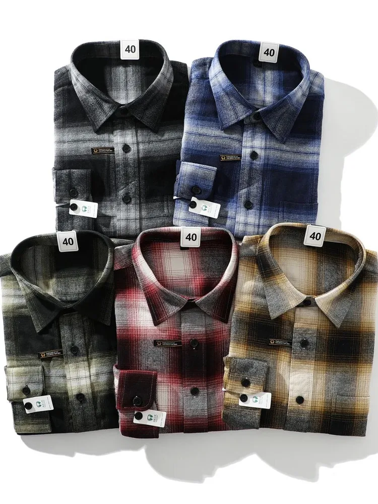 Męska koszula w stylu retro japońskim, długa, z bawełny flanelowej, miękka, w kratę, codzienna, idealna na jesień i zimę, wygodna.