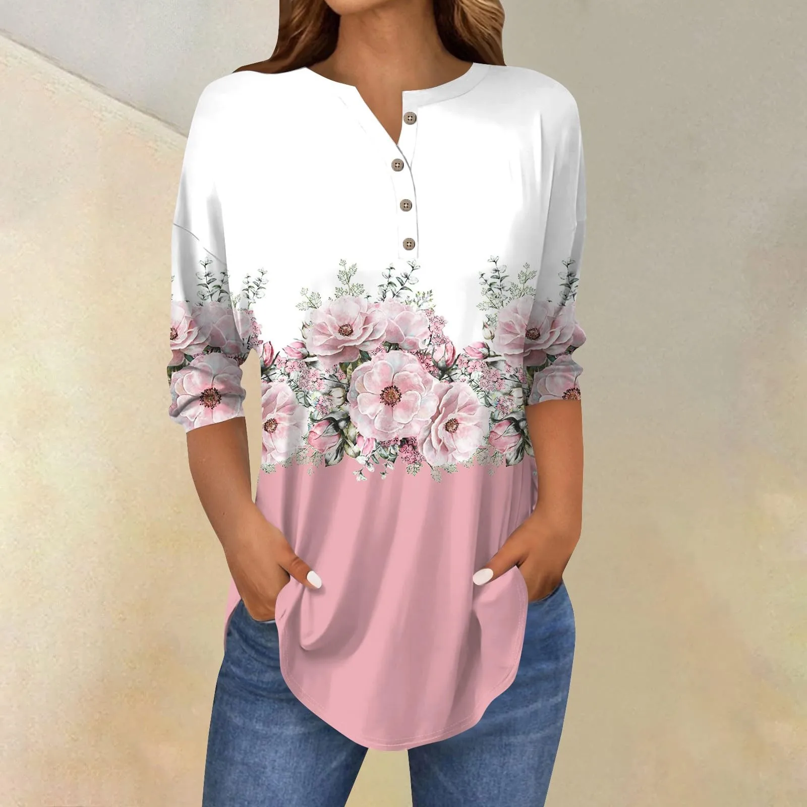 Three-Quarters Sleeve Shirts Women's Elegant Flower Print Tops Pink White Contrast Color Spring T-Shrits Female Causal Clothing