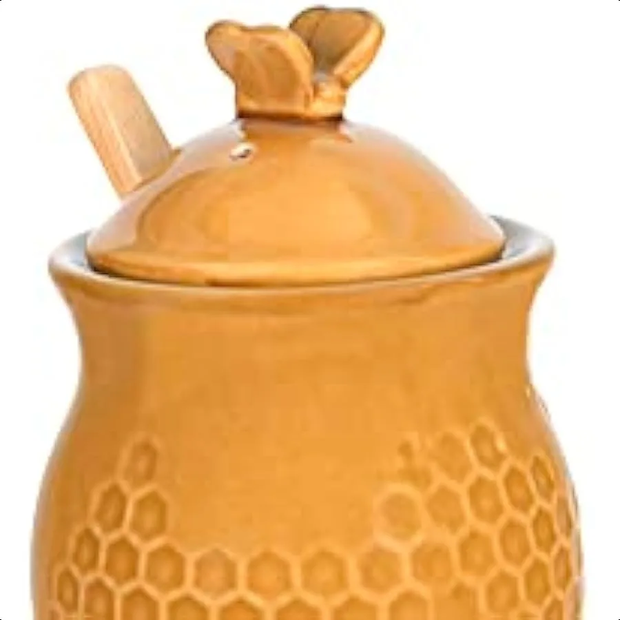 Piccolo barattolo di miele in gres con api decorative gialle da 3 pezzi con coperchio e mestolo per miele in legno