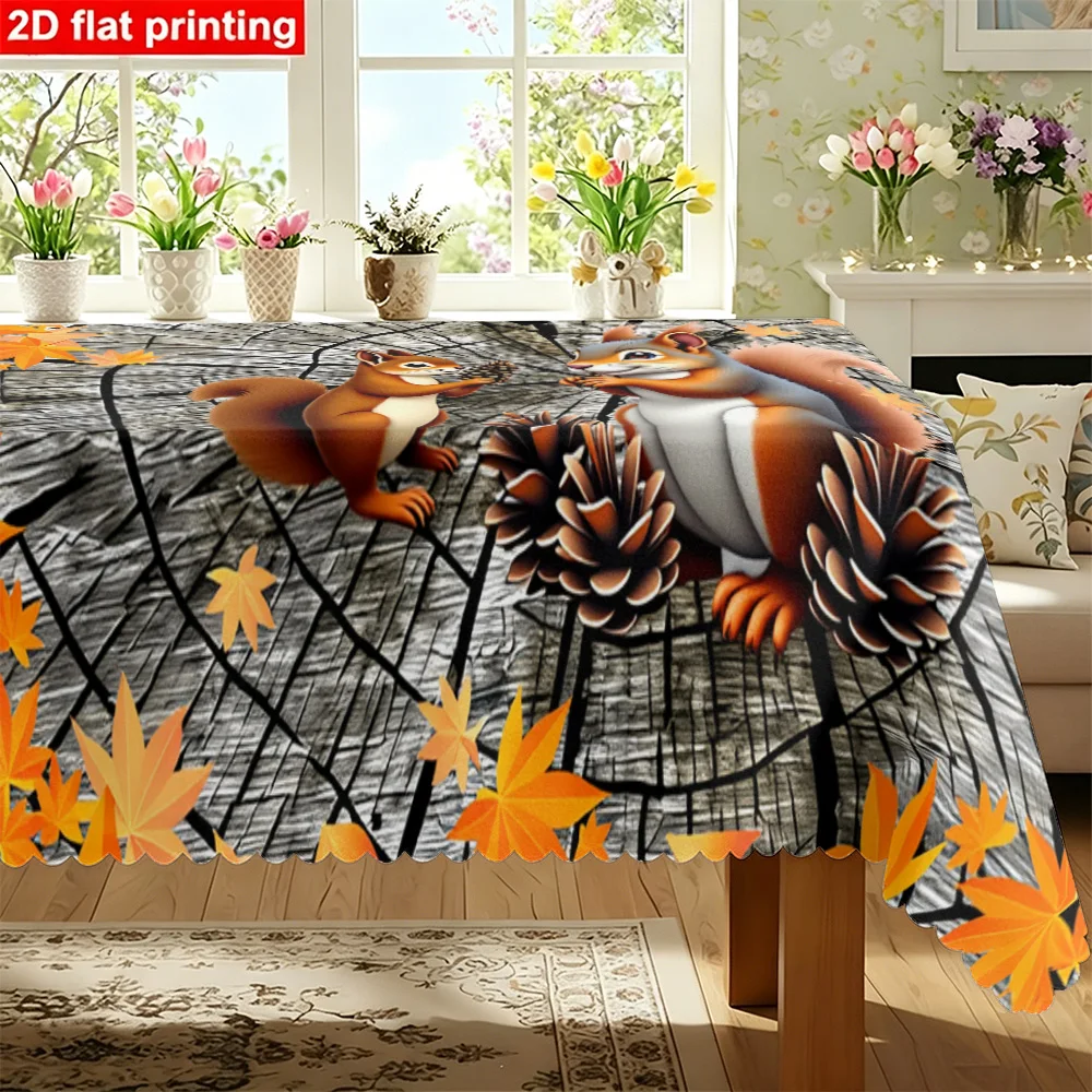 1PC Rectangular table runner designed with cute squirrels, pine cones and autumn maple leaves made of durable polyester fabric f