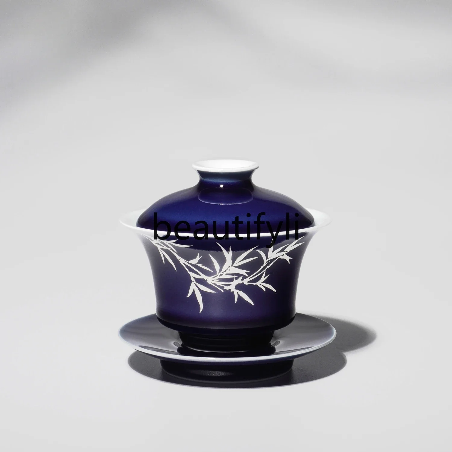 All handmade high temperature Ji blue glaze hand-painted tracing silver wind bamboo Chinese brewed tea Sancai cover bowl 130ml