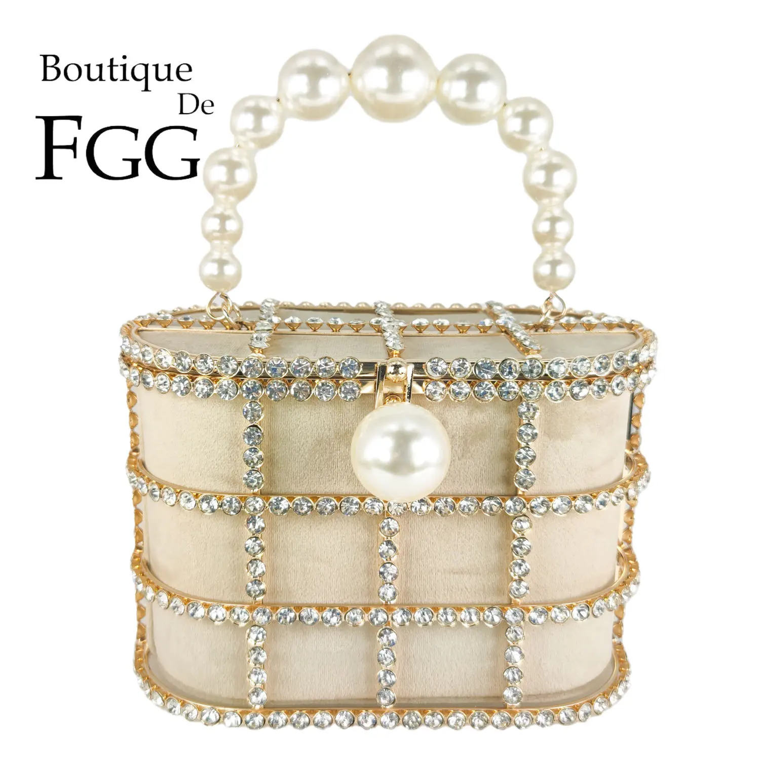 Boutique De FGG Pearl Top-Handle Women Evening Totes Bag Crystal Shoulder Bucket Handbags Weddingi Party Dinner Rhinestone Bag