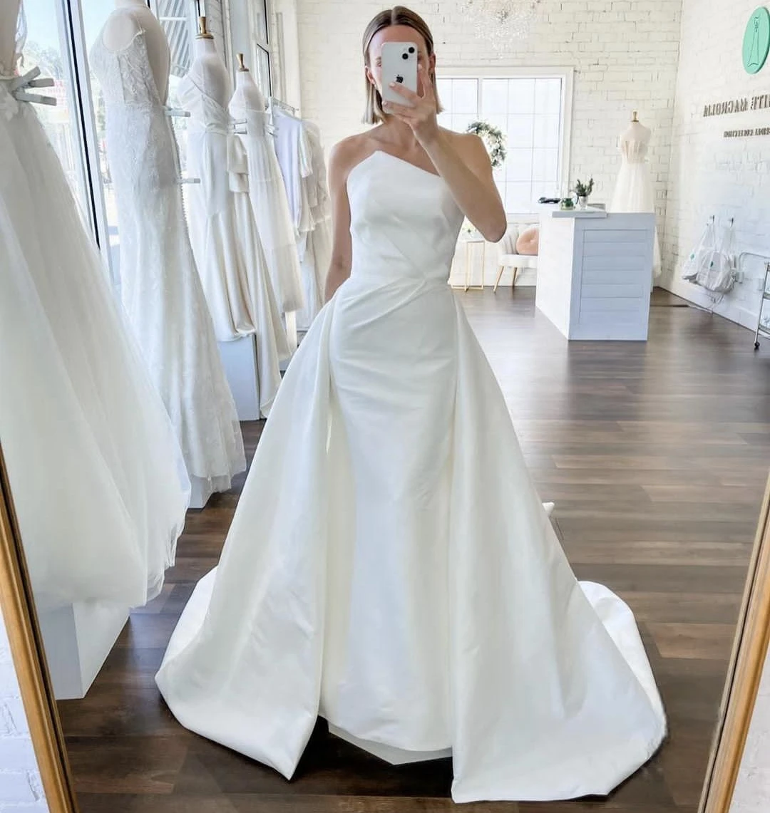 

Satin Strapless Wedding Dress 2024 Romoveable Skirt Mermaid Bridal Gowns Customize To Measures White Charming Beach Robe Marie