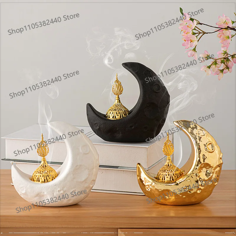 Middle Eastern Moon Ceramic Handheld Incense Burner, Light Luxury Desktop Arabic Aromatherapy Ornament