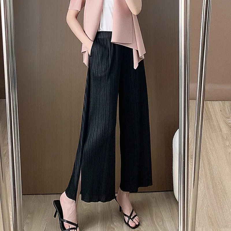 Miyake Pleated Pants for Women's Summer New Sagging Split High Waist Loose Large Size Slim Wide Leg Pants Loudspeaked Pants