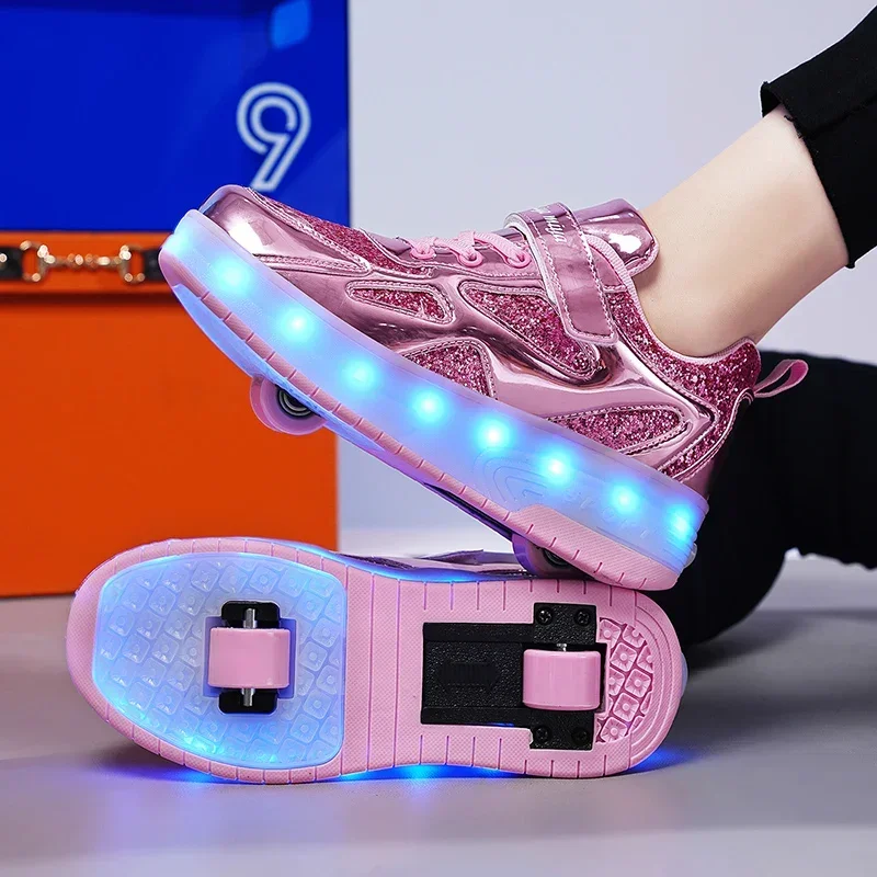 Zapatillas luminosas de dos ruedas para niños y niñas, zapatos de Skate con luz Led Rosa, con carga USB