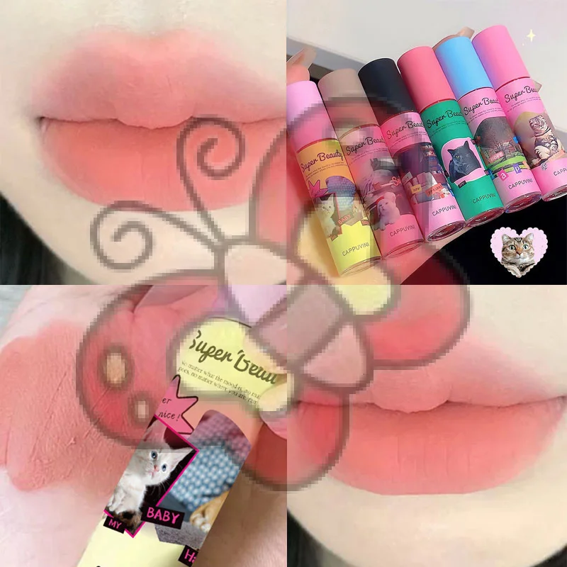 1pc Cappuvini Cute Cat Lip Mud Matte Cream Texture Lip Cream Velvet Liquid Lipstick Long Lasting Waterproof Red Lip Tint Makeup