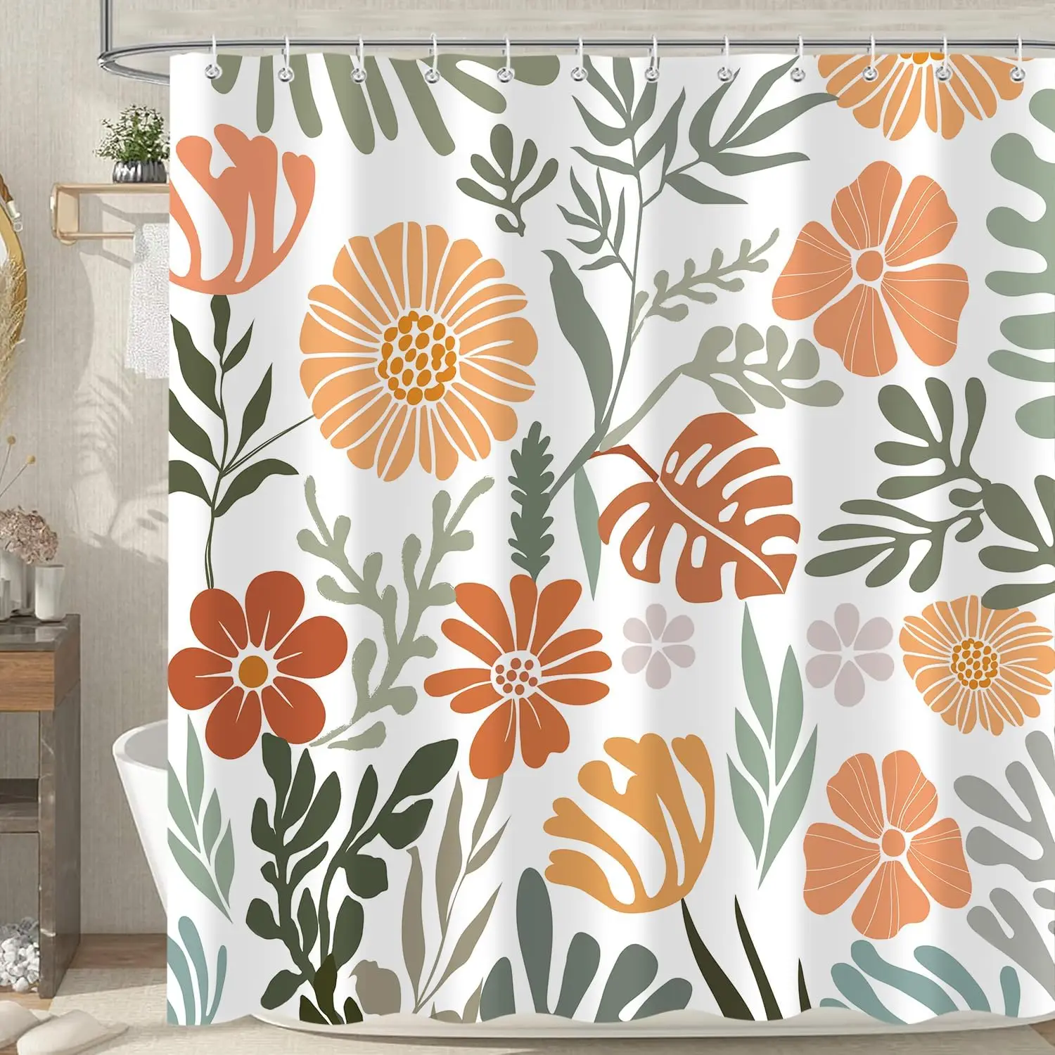 

Green Orange Shower Curtain Waterproof Shower Curtains for Bathroom, Abstract Brown Botanical Leaves Boho Floral Bathroom Decor