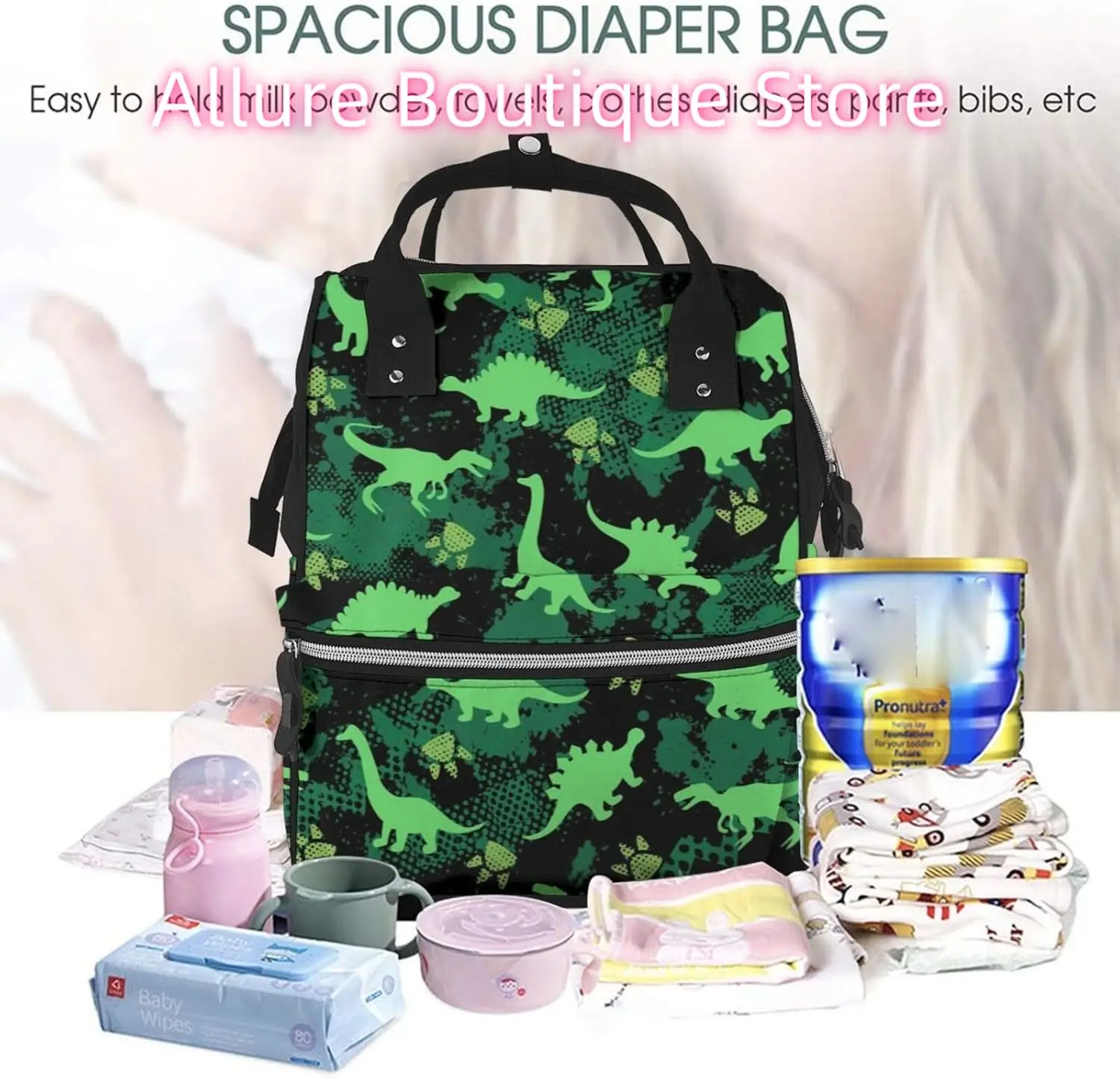 ไดโนเสาร์สีเขียวกระเป๋าผ้าอ้อมกระเป๋าเป้สะพายหลังผู้หญิงขนาดใหญ่ความจุกระเป๋าผ้าอ้อมกันน้ํา Mummy กระเป๋าเป้สะพายหลังสําหรับพ่อแม่ Essen