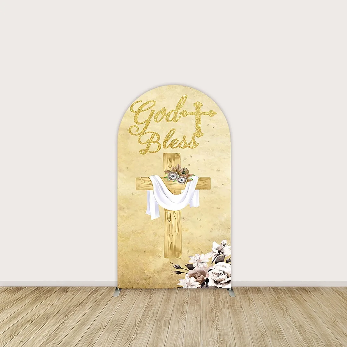 Baptism Arch ฉากหลังฝาครอบ First Holy Communion God Bless การถ่ายภาพฉากหลัง Boho ดอกไม้ Gold Cross Decor