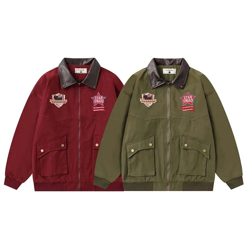 อเมริกันย้อนยุคปักหนัง PU ปกเย็บปะติดปะต่อกันแจ็คเก็ตชุดทํางาน, แบรนด์อินเทรนด์ไฮสตรีทหลวมและแจ็คเก็ตคู่อเนกประสงค์