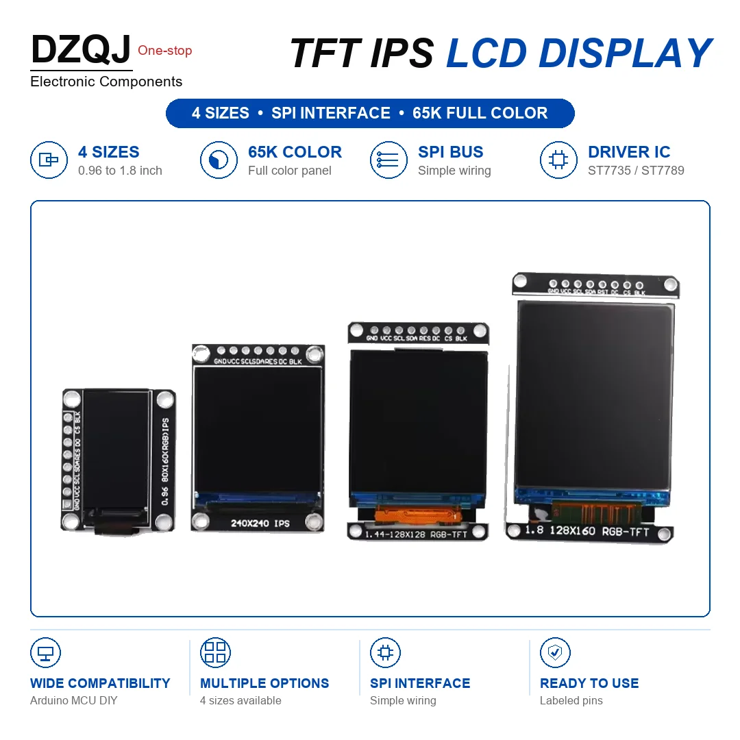 Arduino DIY TFT IPS LCD Display Module Kit, 4 Sizes Optional 0.96/1.3/1.44/1.8 Inch, SPI Interface, 65K Colors, ST7735/ST7789 Dr