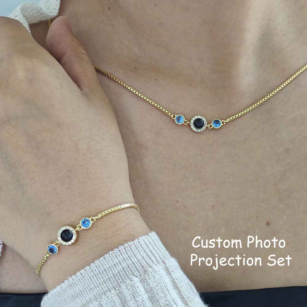 

Custom Photo Projection Necklace Birthstone Inlay Cubic Zirconia Bracelet Personalized Picture Projection Jewelry Set For Women