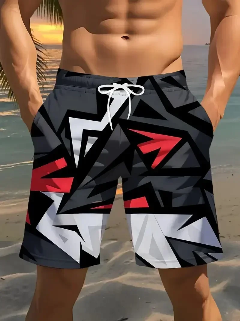 Men Black Red Geometric Print Beach Shorts, Quick Dry Graphic Swim Trunks, Drawstring Boardshorts for Summer Beach Pool Vacation