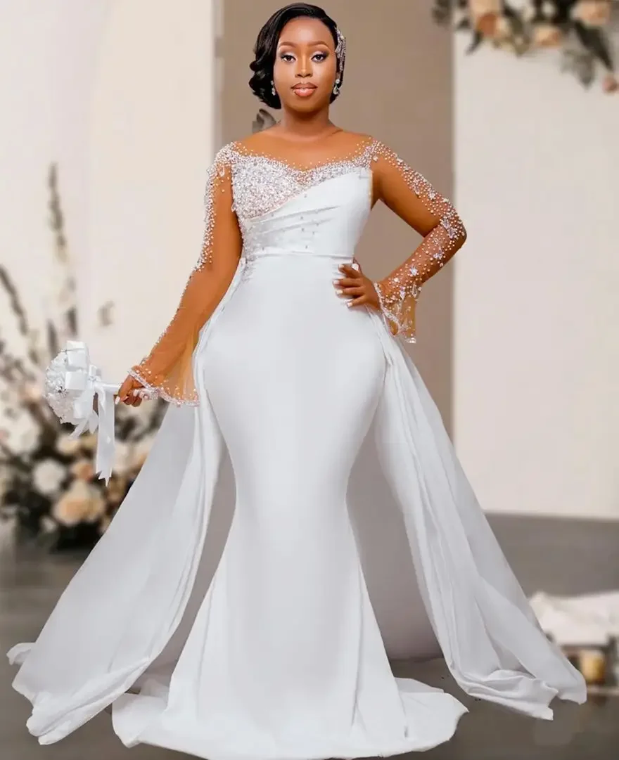 فستان زفاف مخصص مقاس كبير للعروس ذيل قابل للانفصال حورية البحر فستان الزفاف فساتين الزفاف رقبة شفافة وأكمام طويلة