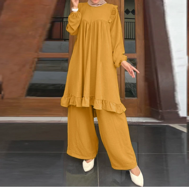 

Two Piece Set Women Outfit 2024 Summer New Muslim Women Commuting Daily Casual Ruffled Spliced Tops & Home Fashion Set Pants