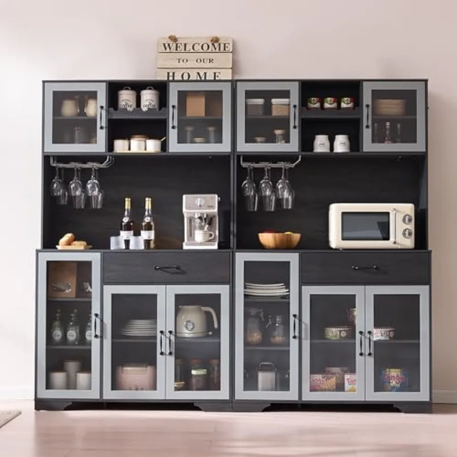

Комплект из 2 высоких кофейных барных шкафов 71 Pantry с винной полкой, зарядной станцией, LED-подсветкой и регулируемыми полками-ящиками