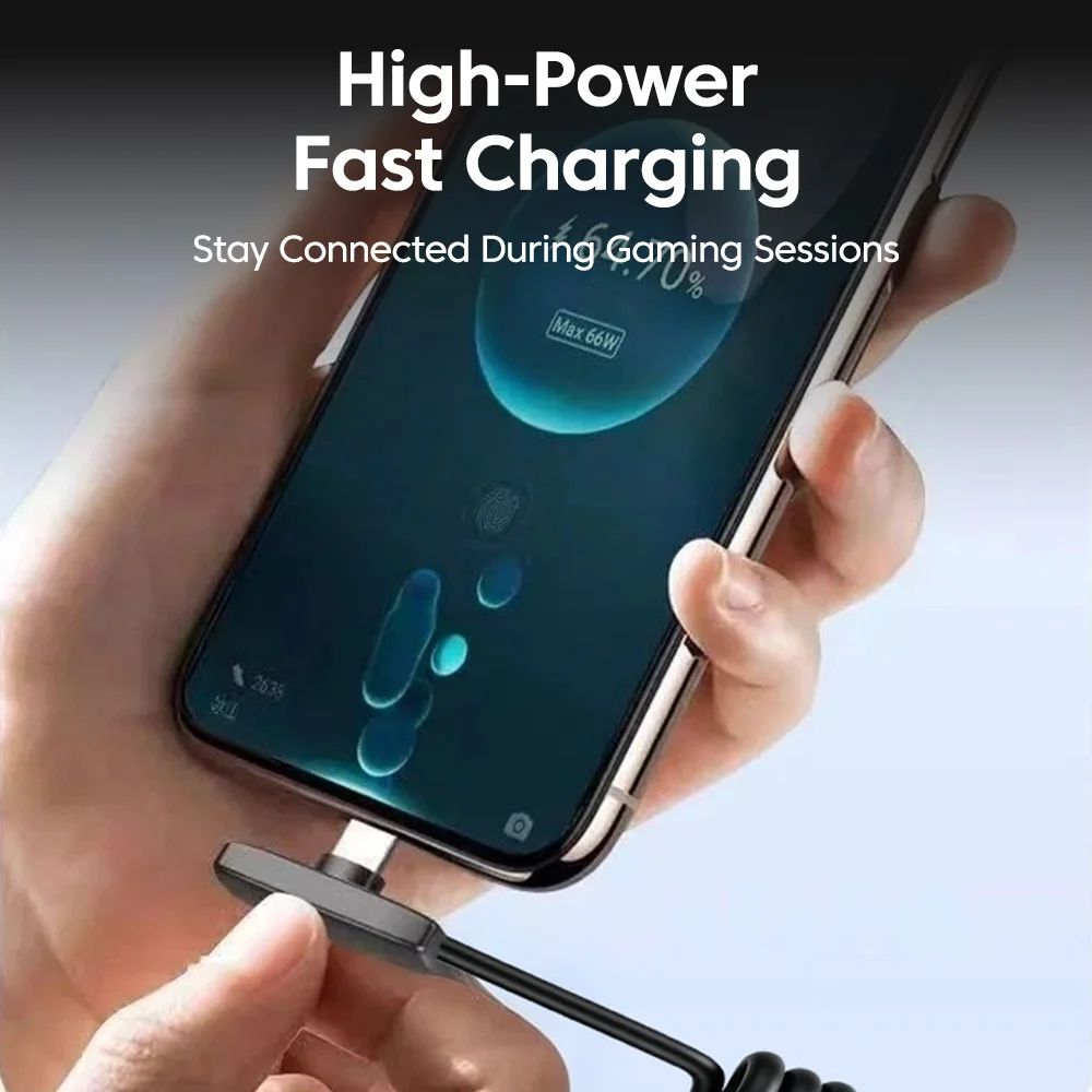 66W USB A to Type C Super Fast Charging Elbow Spring Cable USB C Fast Charging Cable for Car Home Gaming Travel