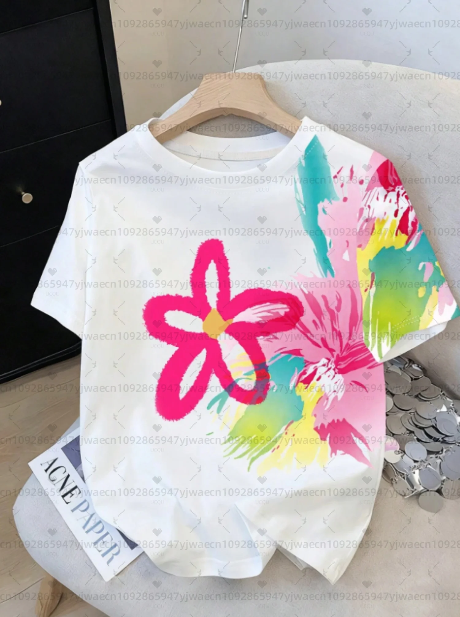 26 Womens Colorful Y2K Dopamine Floral Print Loose short sleeveT-Shirt Girl Round Neck Tee Outdoor Sports Adult Women's T-Shirt