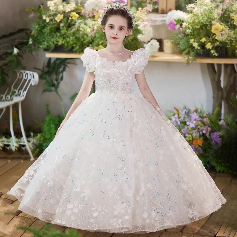 2026 Kids Formal Princess Dress Children Girls Host White Birthday Flower Girl Wedding Gown Piano Performance Pageant Costume