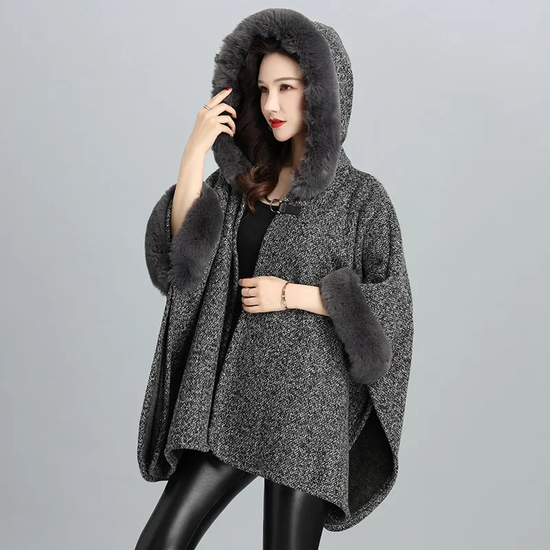 Fluwelen voering Winter Warm Gebreid Nepbont Hals Capes Claxon Blends Vest Herfst Mode Vrouwen Losse Poncho Met Bontmuts