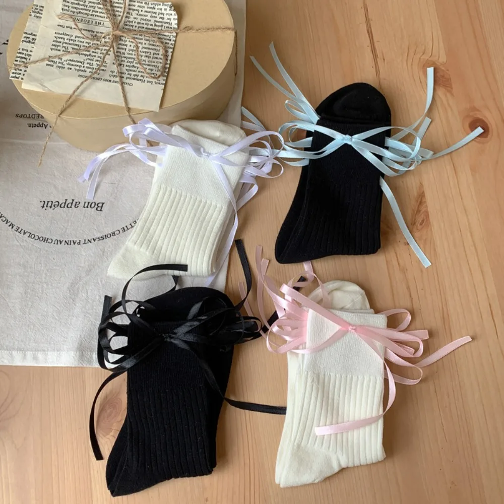 Sweet Little Fresh Stripe Retro Thin Lace Cute Kawaii Socks Lolita Hosiery Balletcore Girls Socks Bow Tie