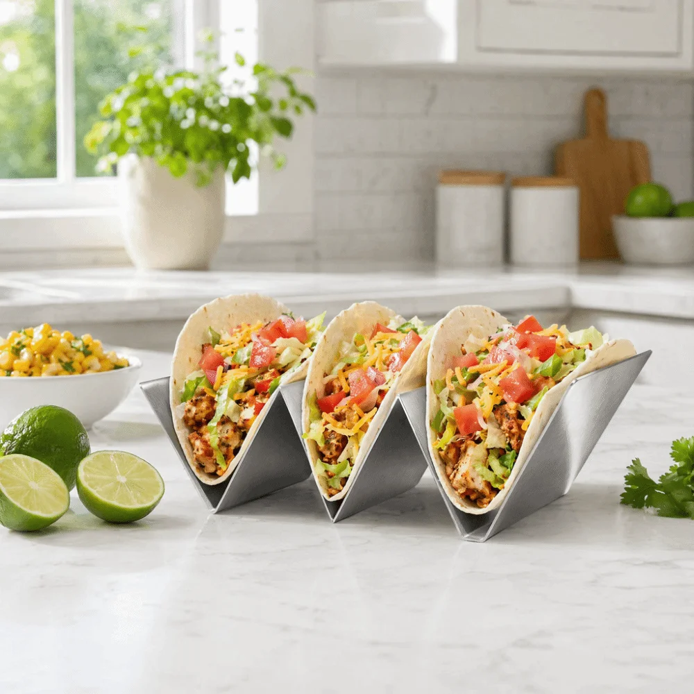 6pcs Stainless Steel Taco Holder Stand 3-Slot Design Open-Ended Kitchen Taco Tray W Wavy Shape Easy Clean view 2