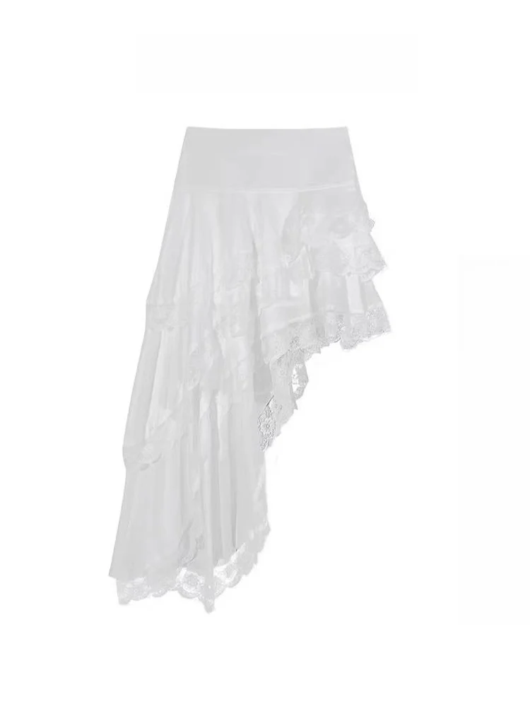 

White Asymmetrical Lace Half Skirt Women's Summer New Sweet Design Elastic Waist Midi Skirt Korean Style Commute Casual Loose...