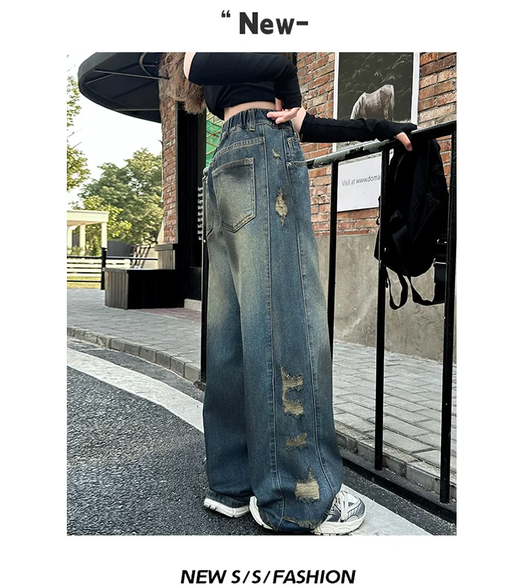 Neue, stylische Jeans für Kinder mit weitem Bein, Used-Look und seitlichen Löchern, für Mädchen, zerrissene Denim-Hosen, Alter 5-14 Jahre. – Detail 8