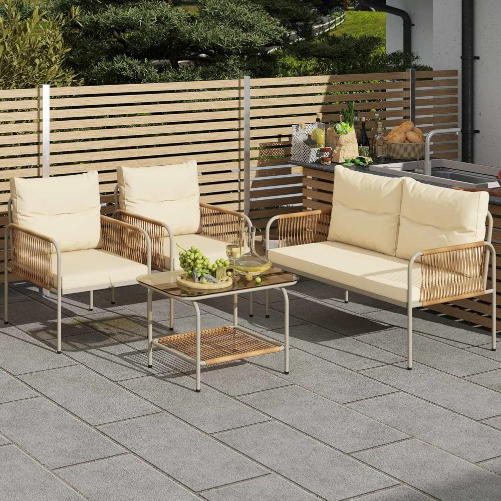 

4 Pieces Patio Furniture Set, Wicker Outdoor Conversation Set, All-Weather Rattan Bistro Set with Loveseat Set, Glass Side Tabl