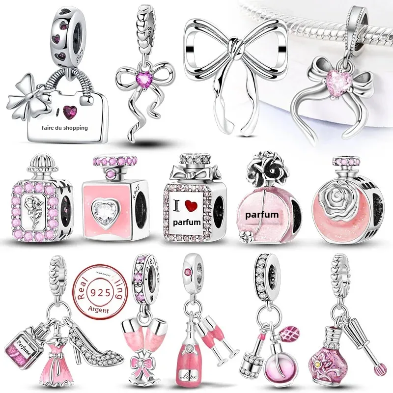 Breloques originales en argent Sterling 925, perles avec nœud, bouteille de parfum, breloques roses pour femmes, bijoux fins d'anniversaire, cadeaux