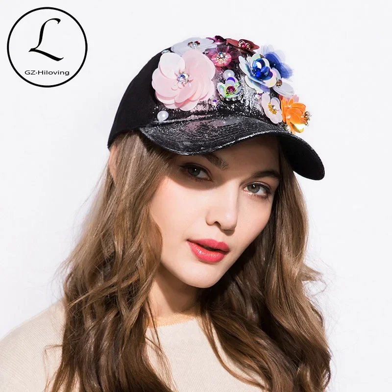 GZHILOVINGL Silver Metallic Baseball Cap Women Flower Cap Casual Cotton Hat Solid Color Snapback Cap Hip Hop Bone Adjustable Hat