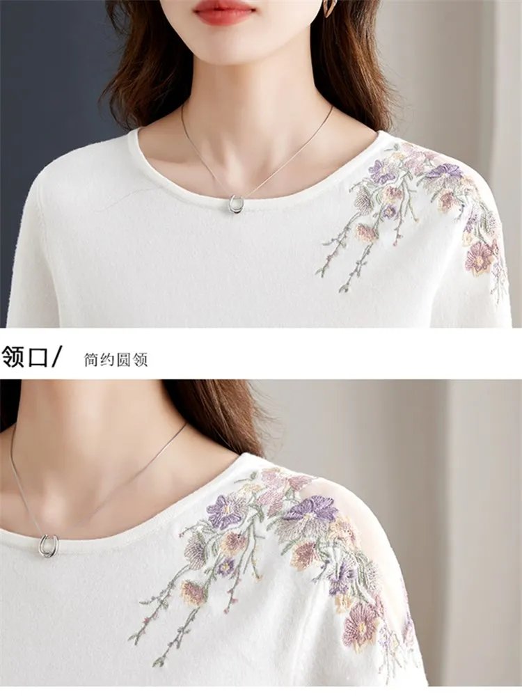 Flower Embroidery White Knit Pullover Sweater Short Tops Autumn Winter Women Elegant Chic Slim Casual Knitwear Lady B2375