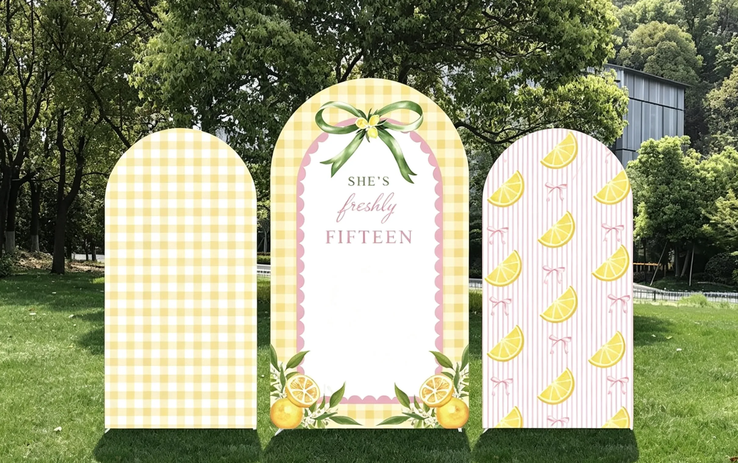 Custom 2-Side Lemon Baby Shower Arch Backdrop Cover Yellow Grid Pink Stripes Diy Name Age Birthday Party Decor Backdrop Photo