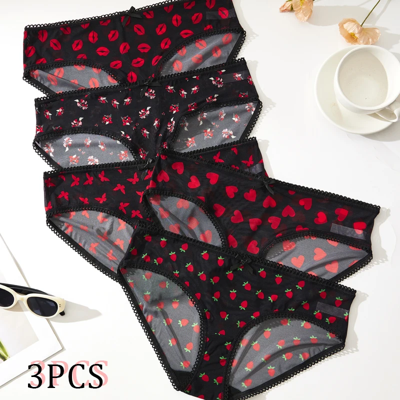 3PCS Set of Women's Briefs Sexy Black Collection Low-Rise Women's Underwear with Heart and Lips Print Summer Cool