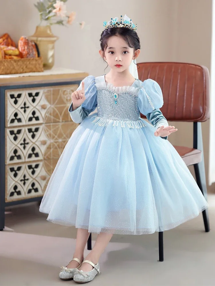 

Girl Princess Dress Autumn Velvet Long Sleeves Sequin Elsa Frozen Costume Elegant Blue flower Child Party Frock For Winter Girls