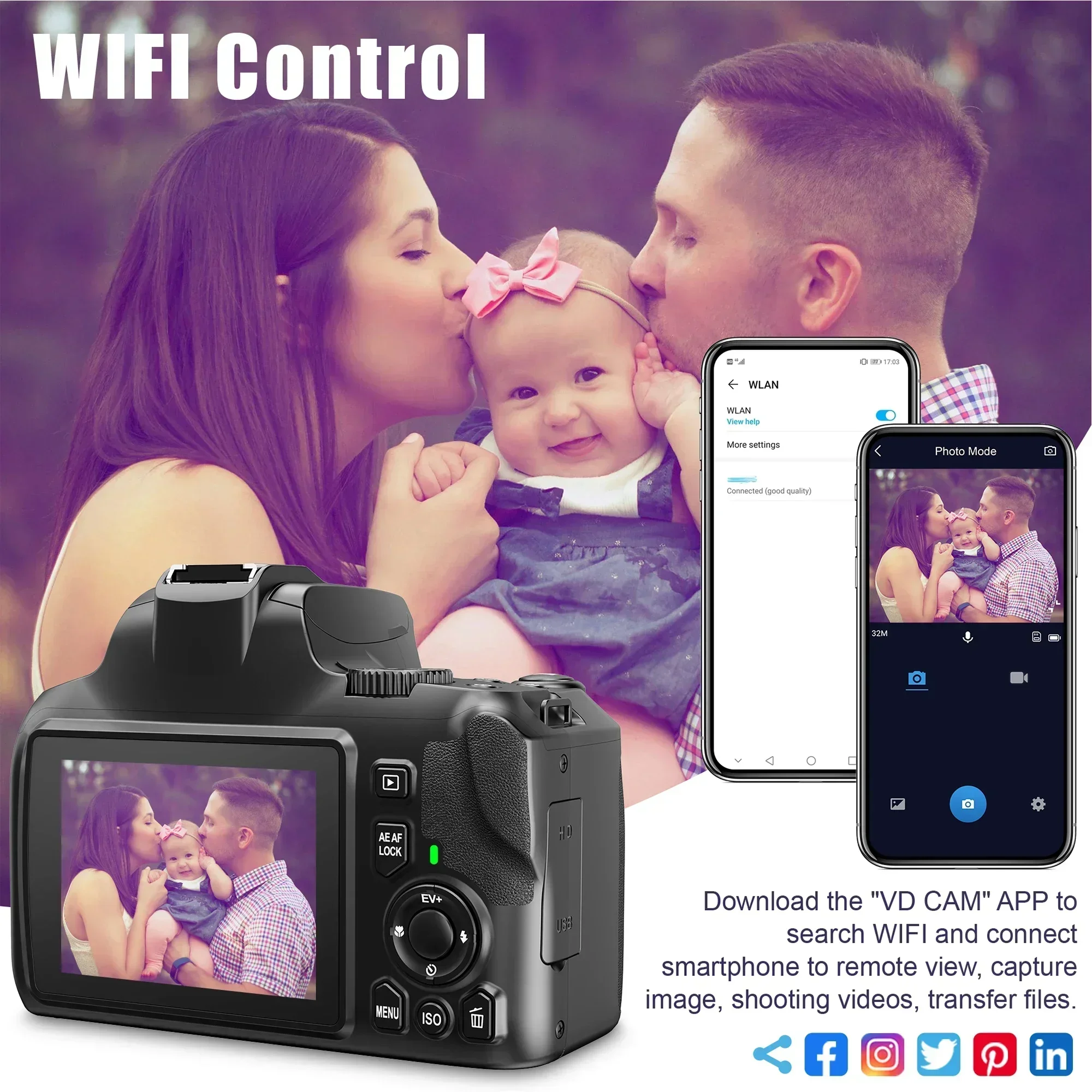 كاميرا رقمية بصرية 4K كاميرات احترافية للتصوير الفوتوغرافي والفيديو وكاميرا تسجيل الدخول WiFi بدقة 64 ميجابكسل لتكبير YouTube 10X