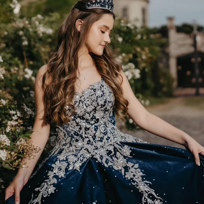 

Minimalist dark blue Quinceanera Dress off-shoulder crystal pearl decal Long tail vestidos de 15 Quinceanera ﻿Customize