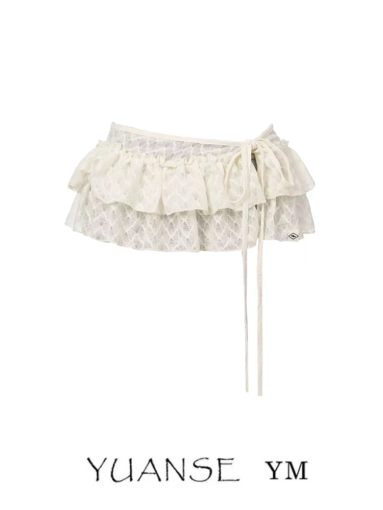2025 New Heavy Embellished Short Apron Curtain Women's Decorative Skirt Korean Style Belted Lace Wood Grain  Design