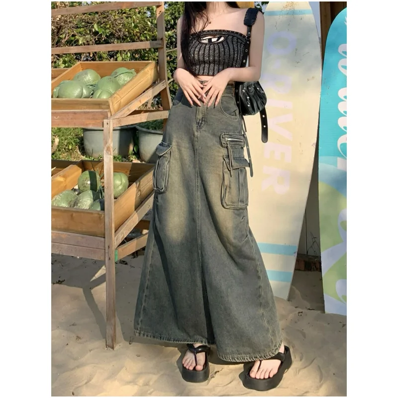 

Women Denim Skirt Y2k Emo 2000s Clothes Long Skirt Harajuku Korean 90s Fashion Vintage Gradient A-line Jean Skirt Grunge Clothes