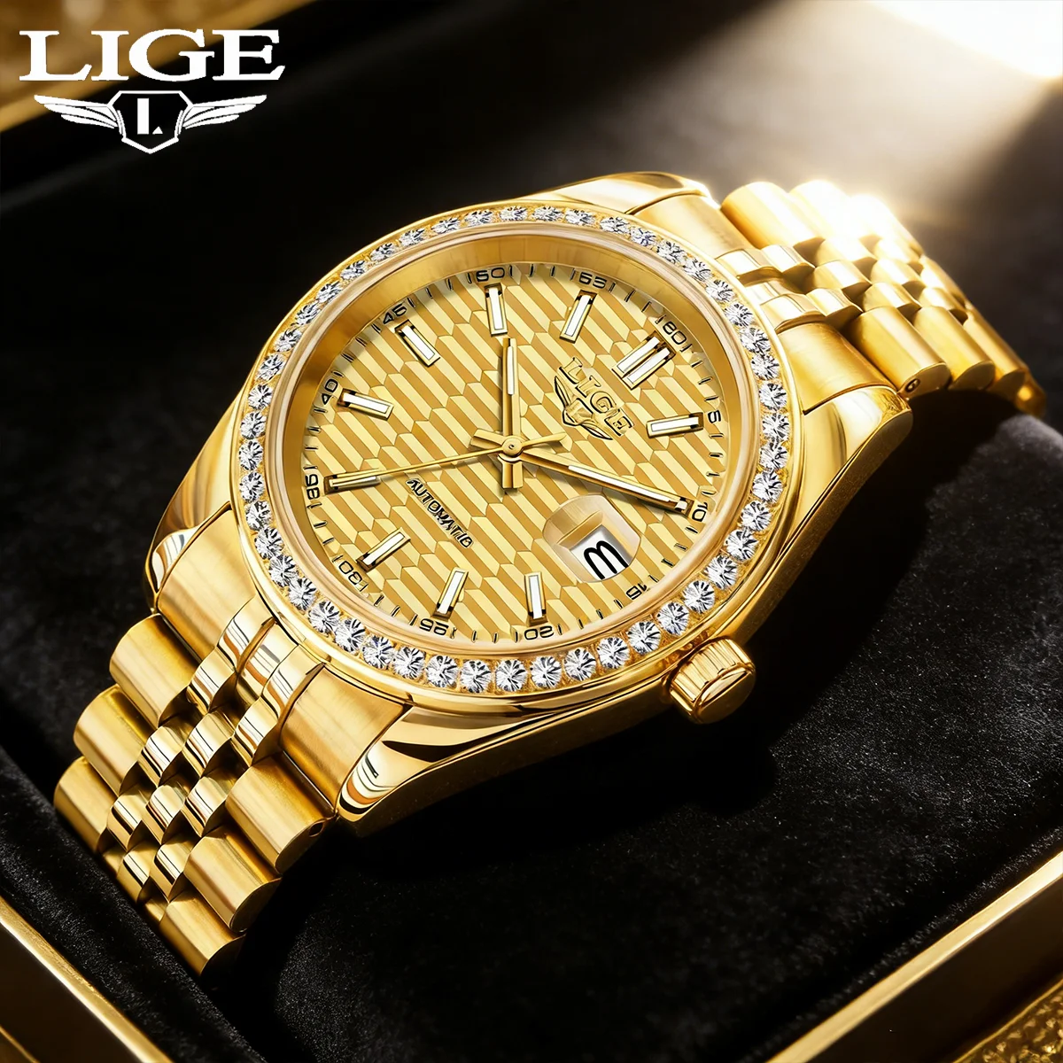 

LIGE Men Mechanical Watch Top Brand Luxury Automatic Watch Business Stainless Steel Waterproof Luminous Watch Men+Gift Watch Box