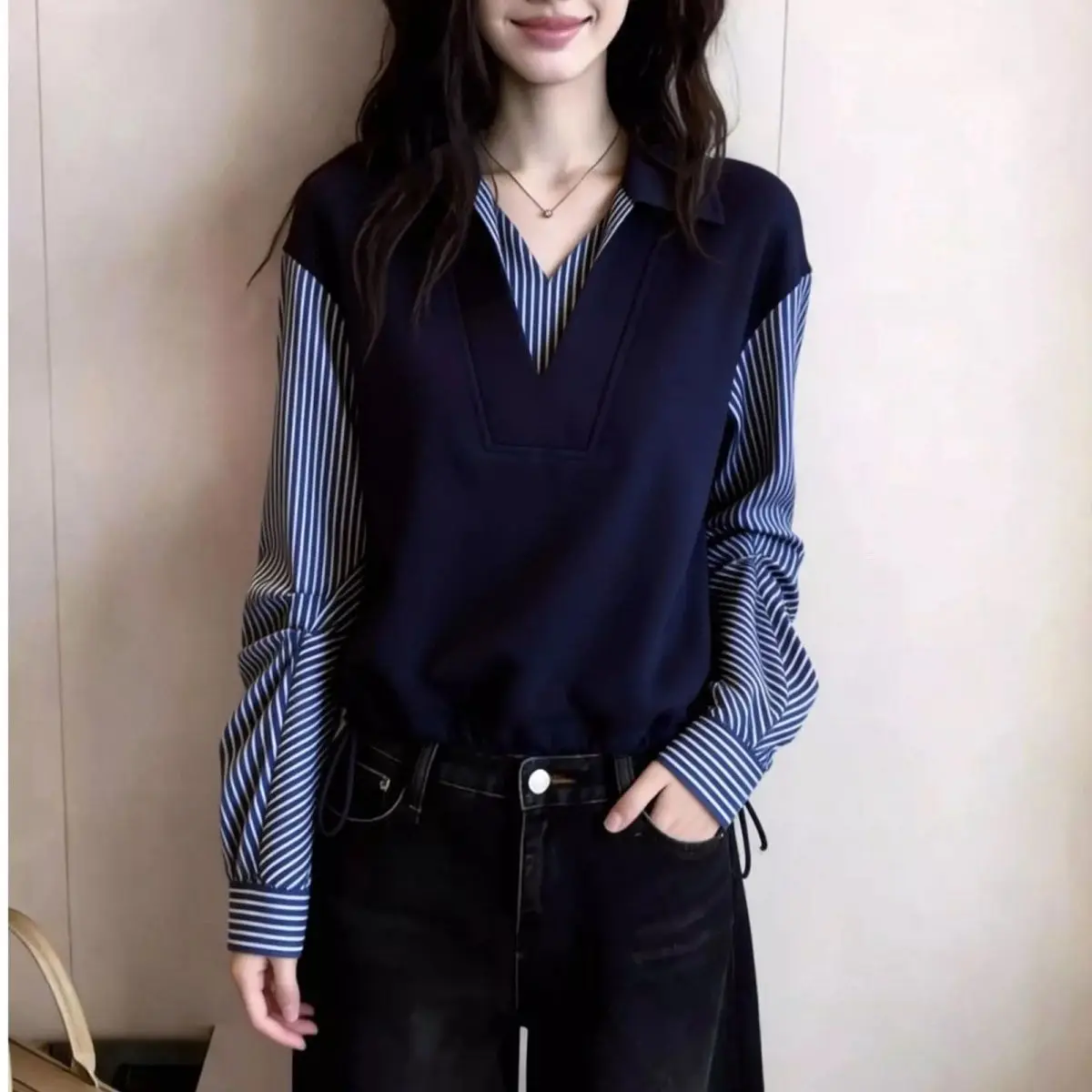 Slimming Effect Blue Striped Casual Style Women's Shirt Spring Autumn Standard Fit Polyester Fiber 100% T-Shirt