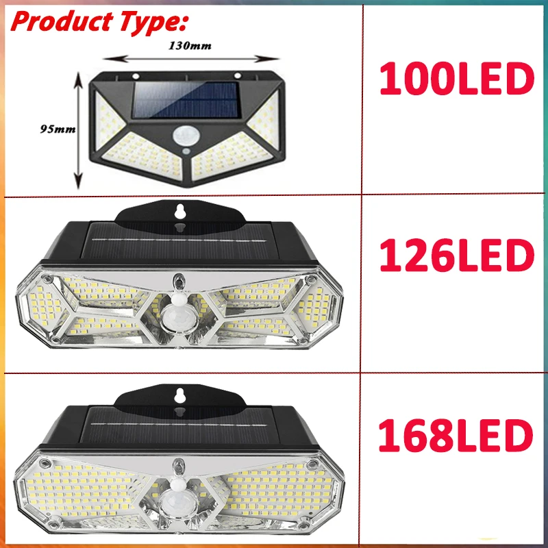 168/126/100LED 태양 거리 조명, PIR 모션 전원 센서 벽 램프 밝기 조절 조명 야외 방수 정원 3 모드
