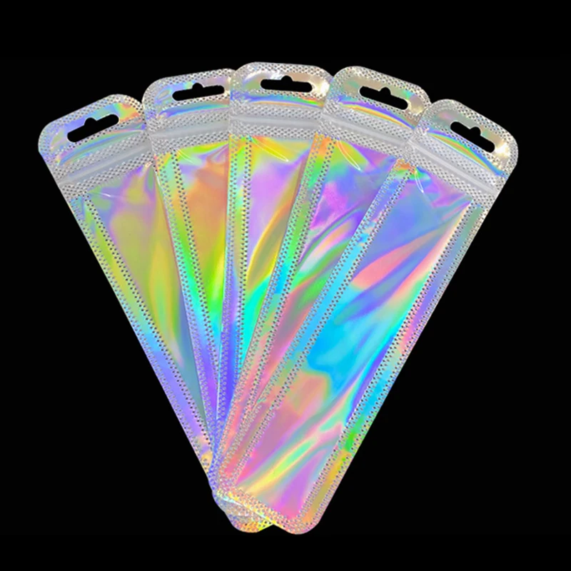 50pcs Iridescent Ziplock Bag Transparent Laser Thicken Plastic Seal Bags for Jewelry Display Handicrafts Nail Eyelash Packaging