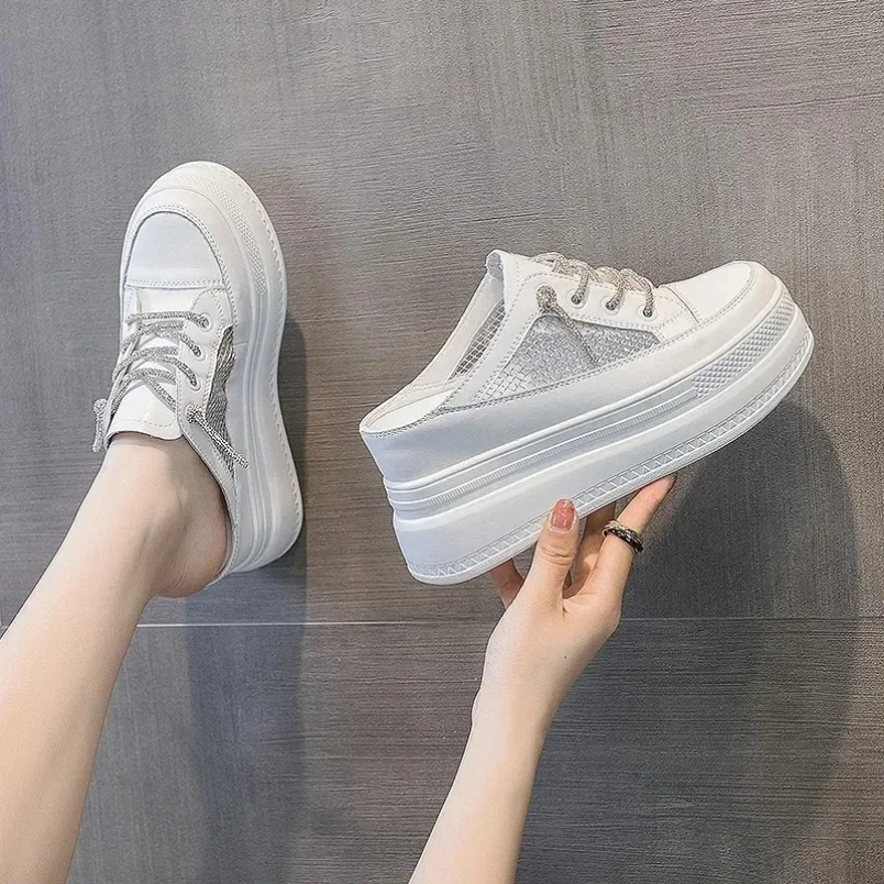 

2025 8 см повседневная удобная обувь из натуральной кожи с воздушной сеткой, массивные тапочки, высококачественные дышащие летние туфли на платформе на танкетке