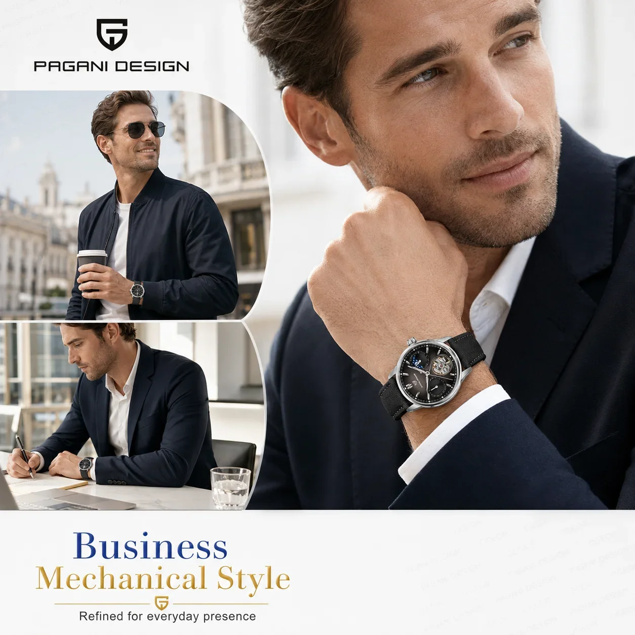 PAGANI DESIGN E3255Y Automatic Men's Watch 41mm Sapphire 316L Steel Open Heart Date PU Strap Luminous Business Watch