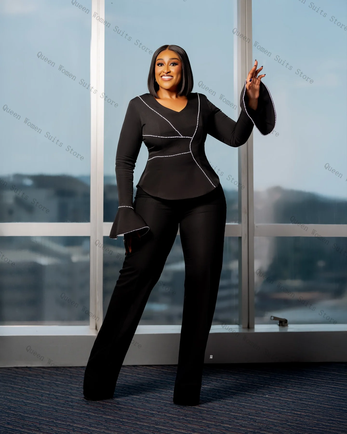 Black Pearls Women Suit Set 2 Piece Beaded Blazer+Pants Trousers Formal Office Lady Jacket Cotton Wedding Guest Coat Customized