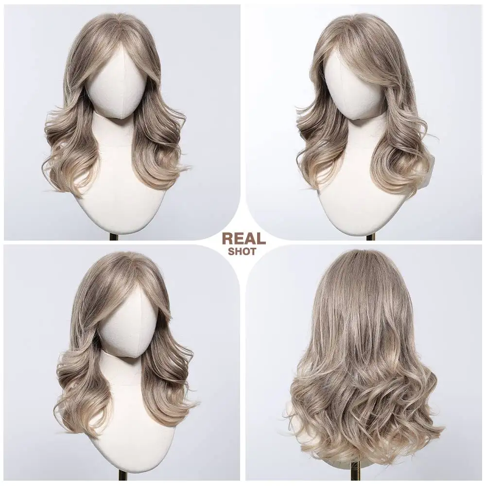 Gray Brown Ombre Medium Wavy Synthetic Wig with Bangs Heat Resistant Natural Looking for Women Daily Wear Party Cosplay Use