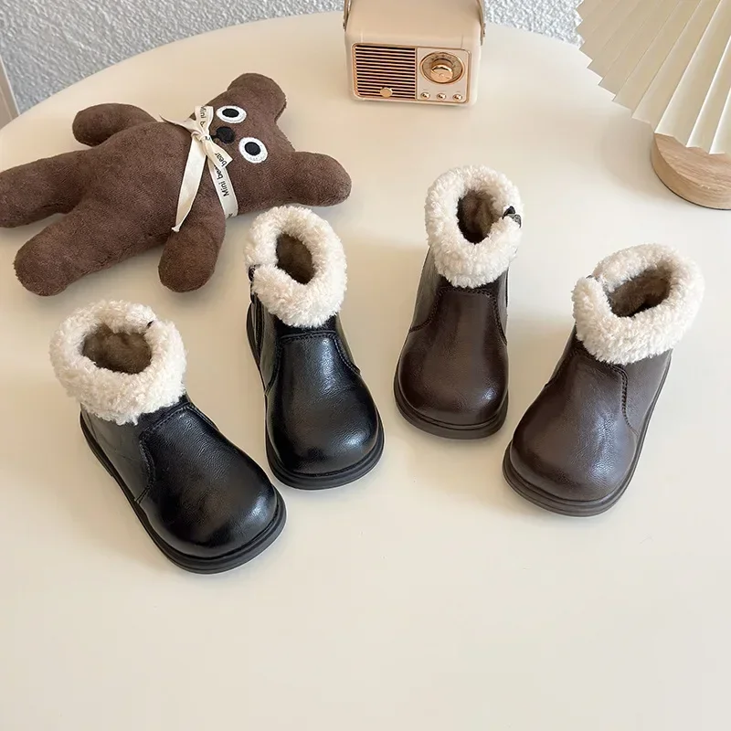 

Children Leather Shoes for Girls 2024 Winter New Fashion Korean Style Soft Bottom Anti-slippery Versatile Plush INS Short Boots